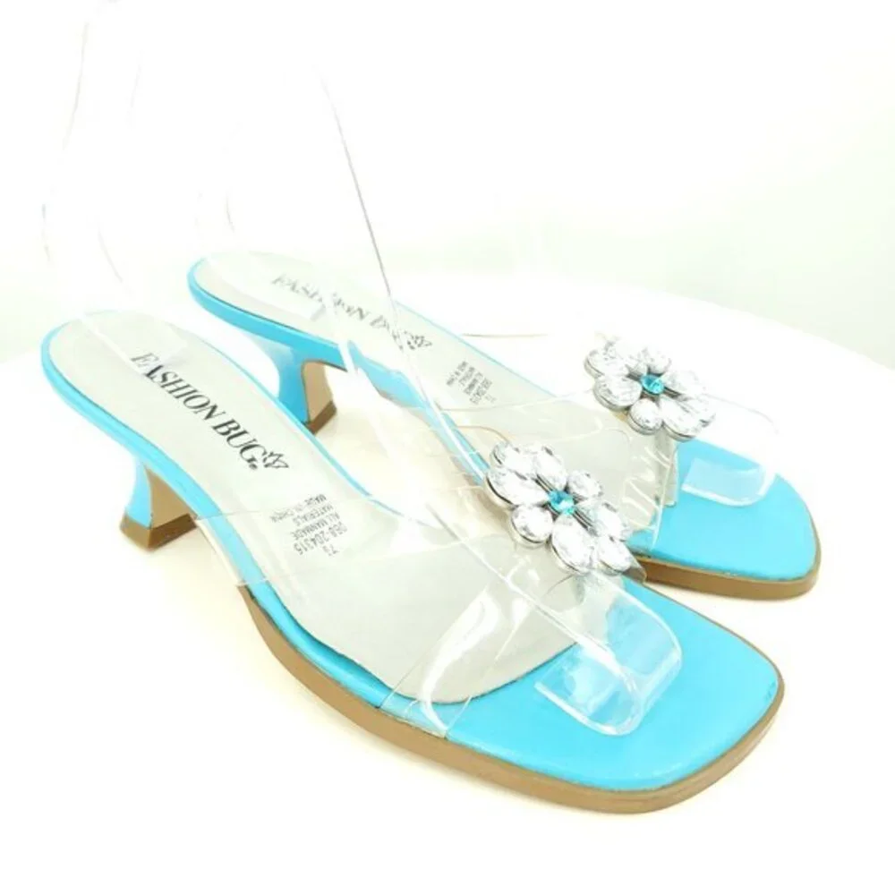 VTG Y2K Fashion Bug Clear Plastic Rhinestone-Embellished Open Toe Heels 7.5 Blue
